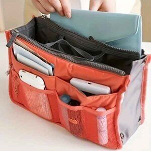 Handbag Organizer/ Purse Insert /Cosmetic Tote/ Orange & Gray - NWT